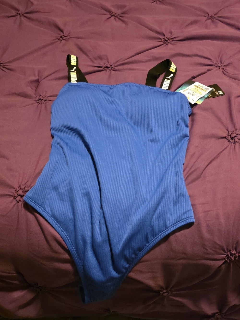 Puma Blue Ribbed One-Piece Swimsuit with Black Logo Straps